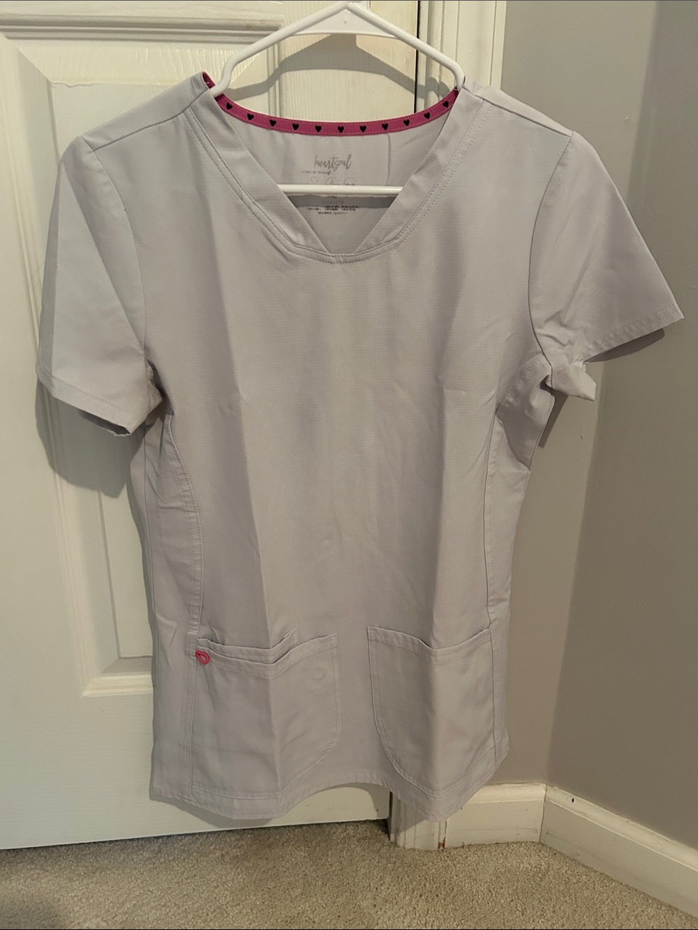 HeartSoul White Short Sleeve V-Neck Scrub Top with Pink Trim